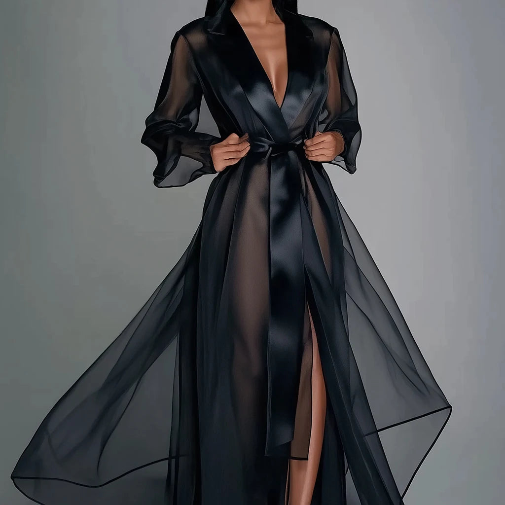 Women Maxi Dress Solid Organza See Through Lapel Long Sleeve Robe Summer Autumn Fashion Lace Up Gown Satin Silk Party Dress