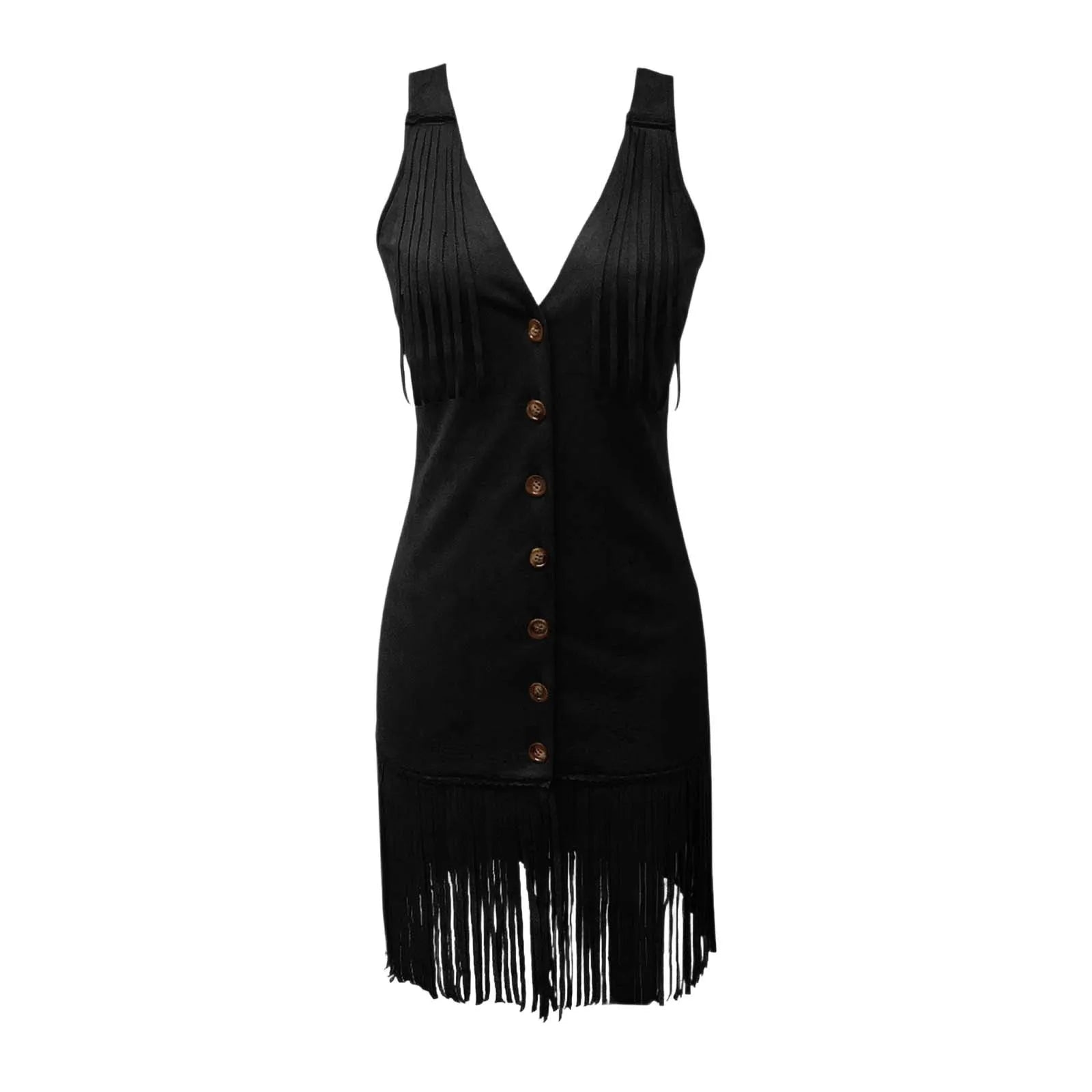 Dress 2025 Women Summer Vintage Deep V Suspender Cut Slim Dress Sleeveless Deer Velvet Leather Irregular Tassel Party Dresses