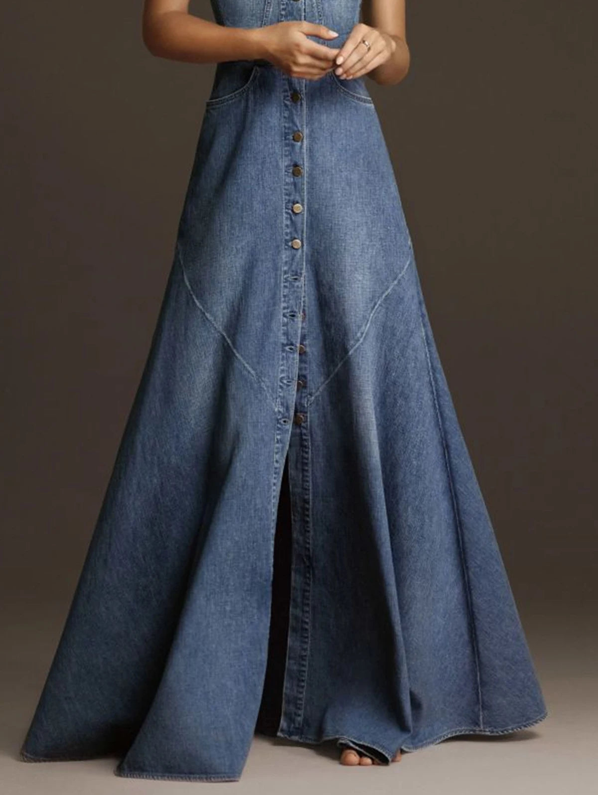 Fashion Women Denim Tank Dress Vintage Square Collar Waisted Sundress 2025 Summer Buttons Maxi Dress Holiday Solid Robes