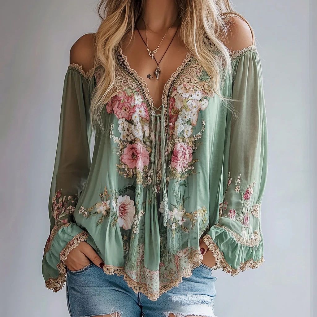 2025 Autumn New Women's Blouse V-neck Long Sleeve Floral Print See-through Sleeves Shirt Splicing Asymmetrical Hem Loose Blouse