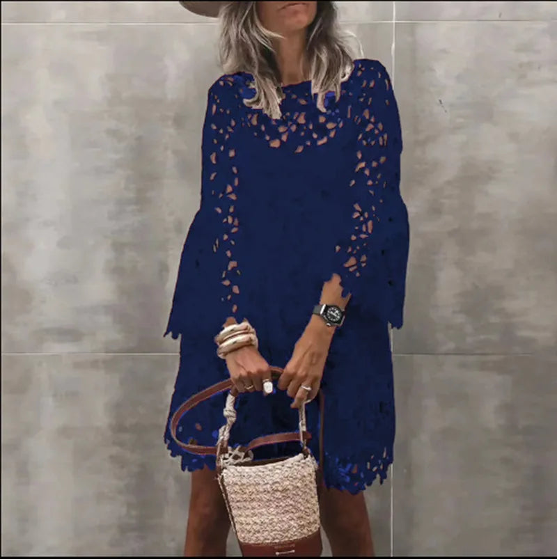 Hollow Out Dresses for Women Summer Autumn Elegant Vintage Solid Lace Dress O-neck Loose Embroidery Vestidos Beach Mini Dresses
