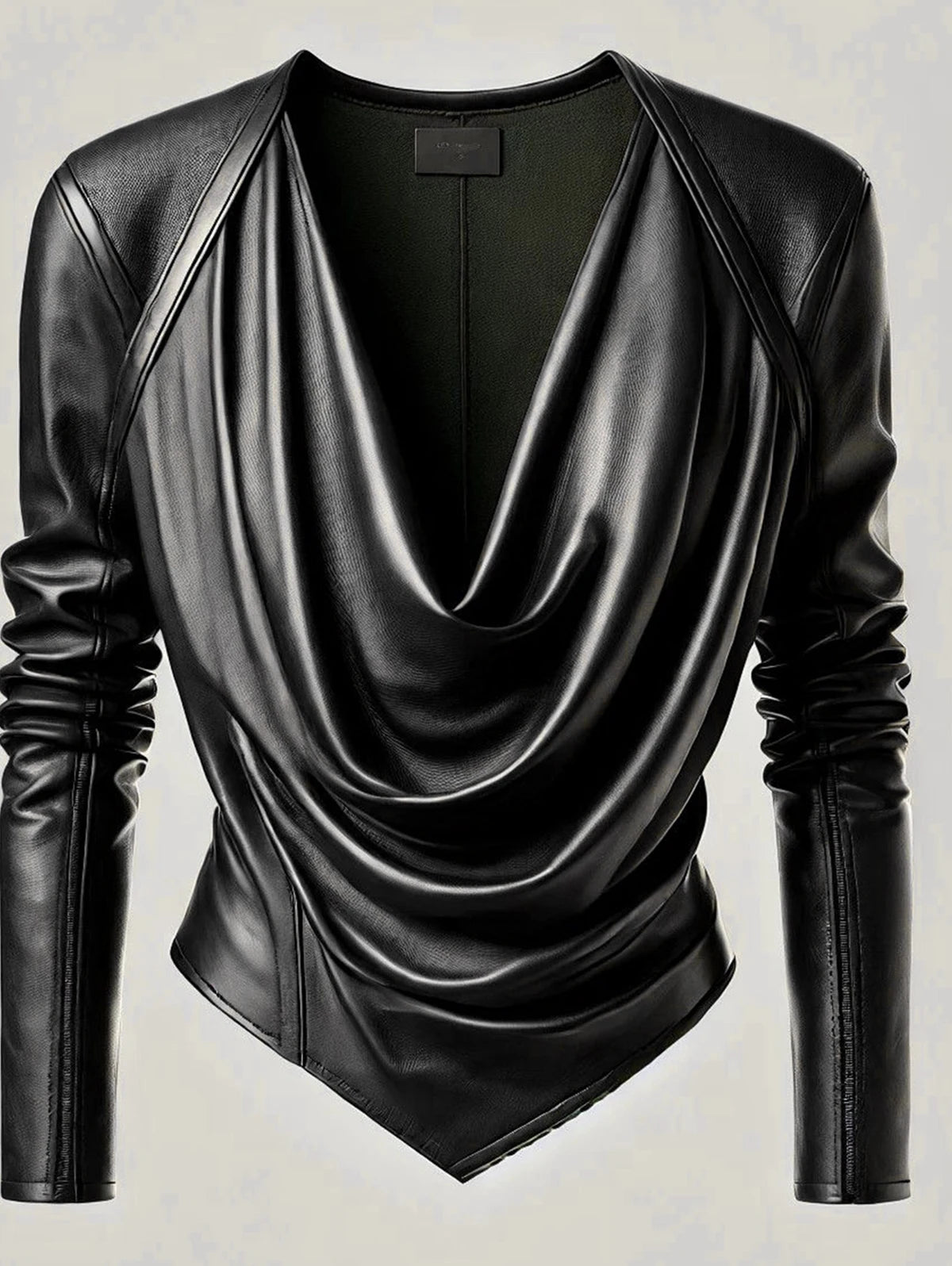 Women Cowl V Neck PU Leather Long Sleeve Blouse Cinched Irregular Hem Solid Leather T Shirt High Street Spring Streetwear