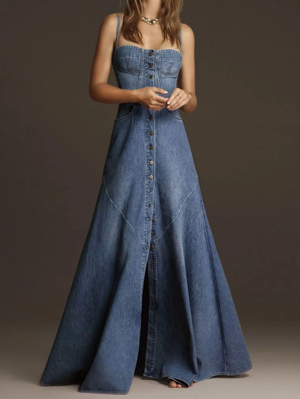 Fashion Women Denim Tank Dress Vintage Square Collar Waisted Sundress 2025 Summer Buttons Maxi Dress Holiday Solid Robes