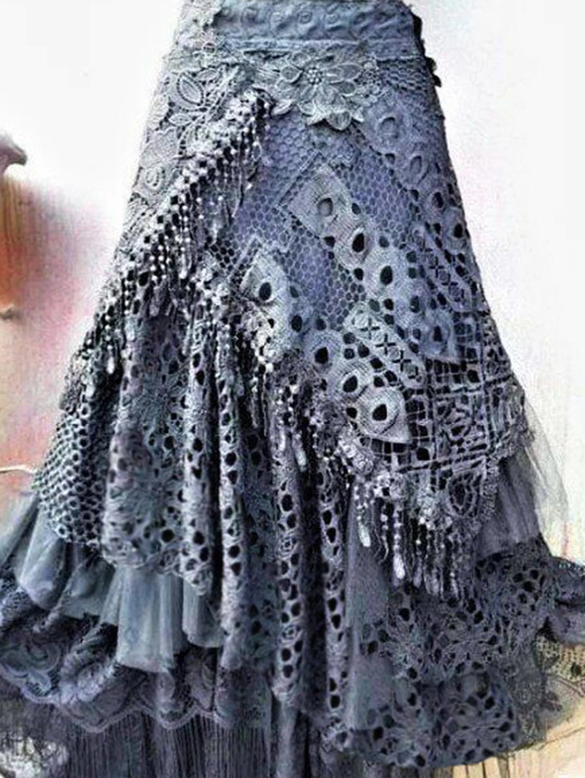 Elegant Lace Asymmetrical Skirt Women Vintage Y2K Boho High Waist Hollow Mesh Patchwork Layered Maxi Skirts Lady Holiday Outfits