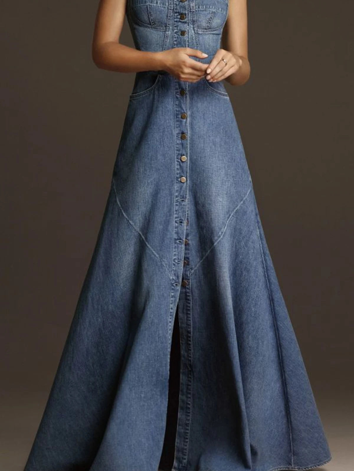Fashion Women Denim Tank Dress Vintage Square Collar Waisted Sundress 2025 Summer Buttons Maxi Dress Holiday Solid Robes