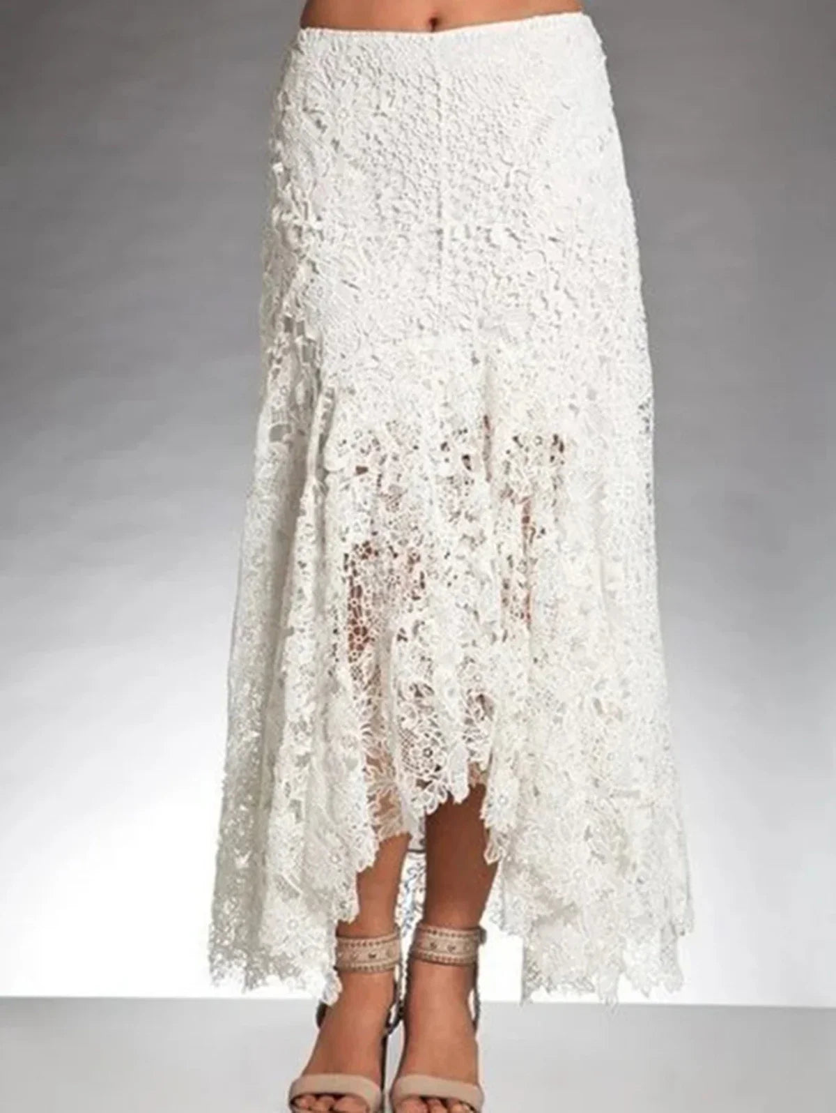 Elegant Lace Asymmetrical Skirt Women Vintage Y2K Boho High Waist Hollow Mesh Patchwork Layered Maxi Skirts Lady Holiday Outfits