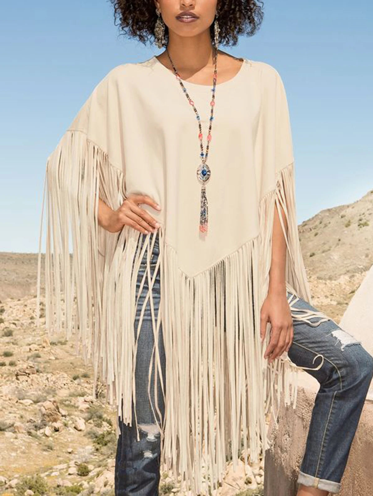 Women Vintage Solid Tops 2024 Spring Summer Elegant Pullover Oversize Irregular Tassel Hem Cape Cloak Pull Femme Bohemian