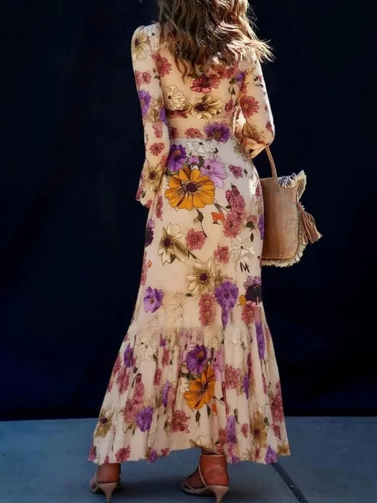Elegant Long-sleeve Chiffon Dress Fashion Spring Autumn Lantern Sleeve Ruffle Waist Flower Printing Party Dresses Female