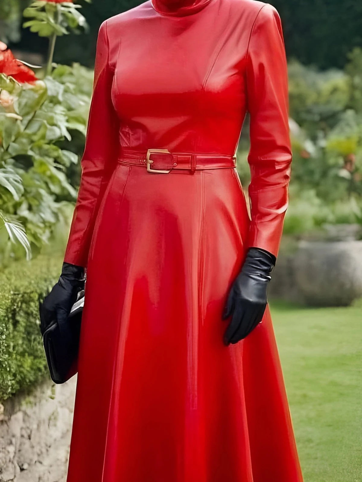 Women Fashion Belt PU Leather Dresses Mock Neck Long Sleeve Slim Fit PU Midi Dress Sexy Club Wear New Arrival Spring Autumn