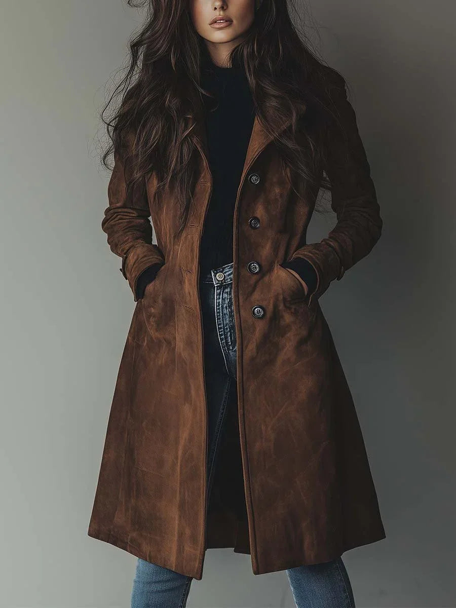 Elegant Suede Long Trench Coat Women Pocket Single Breasted Full Sleeve Brown Windbreaker 2025 Autumn Lady Street Outwears New