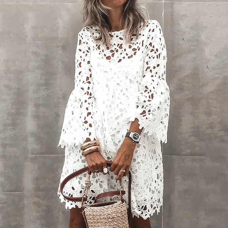 Hollow Out Dresses for Women Summer Autumn Elegant Vintage Solid Lace Dress O-neck Loose Embroidery Vestidos Beach Mini Dresses