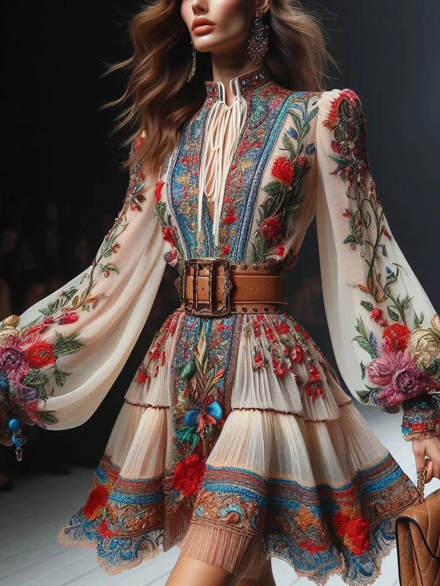 Summer Boho Holiday Beach Mini Dress Women's Stand Long Lantern Sleeve Vintage Floral Pattern Lace Up Chiffon Lace-up Vestido