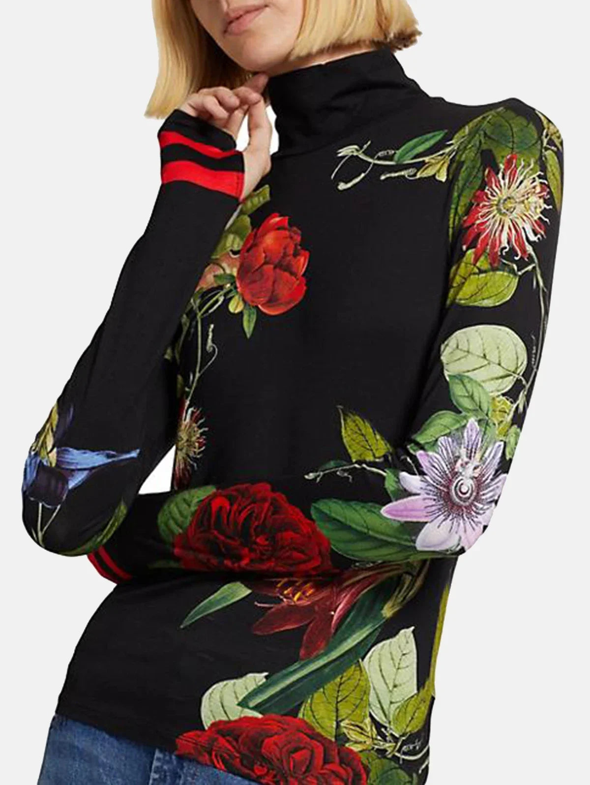 Women's Spring Autumn Blouses Retro Floral Print Long Sleeve High Neck Pullover Tops Casual Pullover Basic Shirts