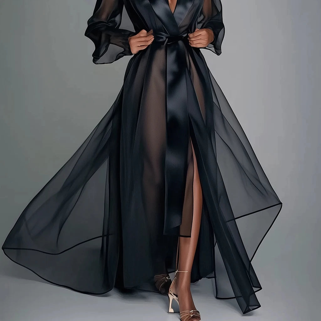Women Maxi Dress Solid Organza See Through Lapel Long Sleeve Robe Summer Autumn Fashion Lace Up Gown Satin Silk Party Dress