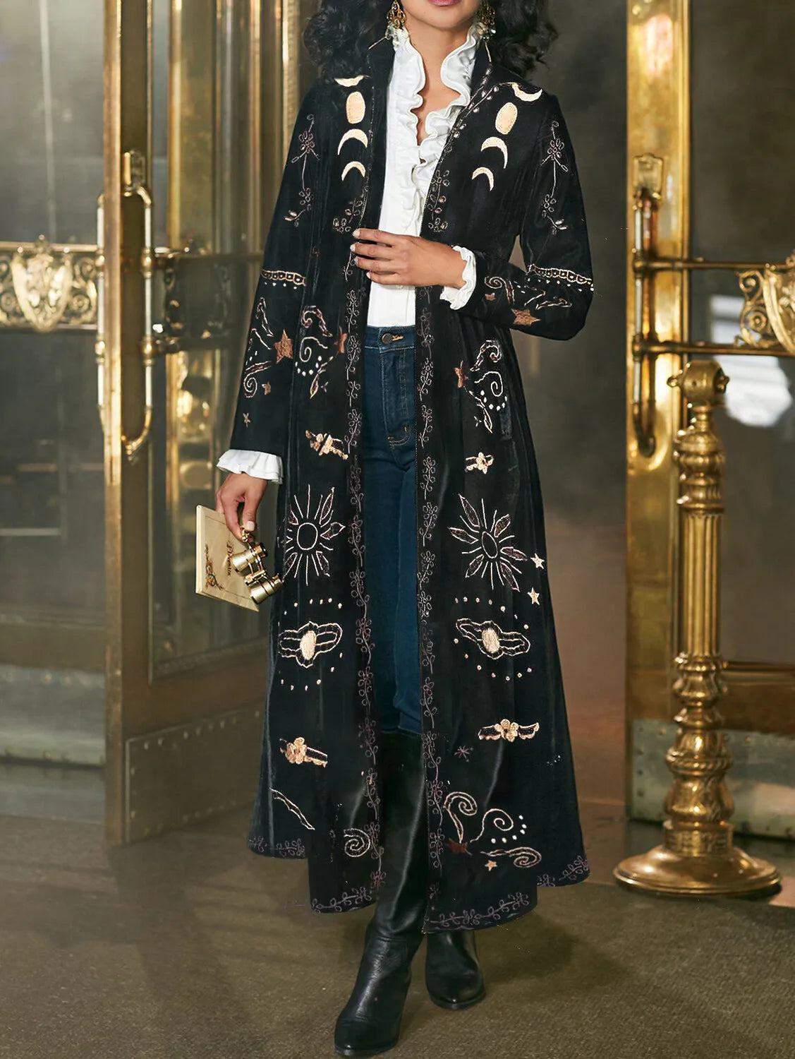 Spring Fashion Velvet Cardigan Coat Women Elegant Stand Collar Retro Printed Slim Long Sleeve Maxi Outerwear Coats Soft Jacket