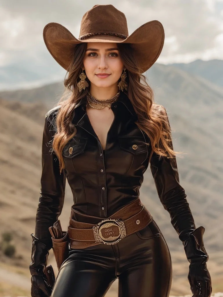 Women Shirt Collar PU Leather Long Sleeve Blouse Cinched Hem Solid Single Breasted Leather T Shirt High Street Streetwear