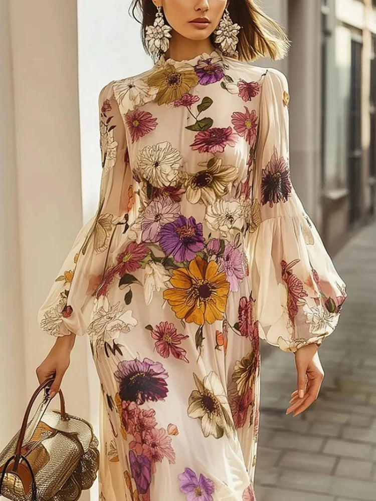 Elegant Long-sleeve Chiffon Dress Fashion Spring Autumn Lantern Sleeve Ruffle Waist Flower Printing Party Dresses Female